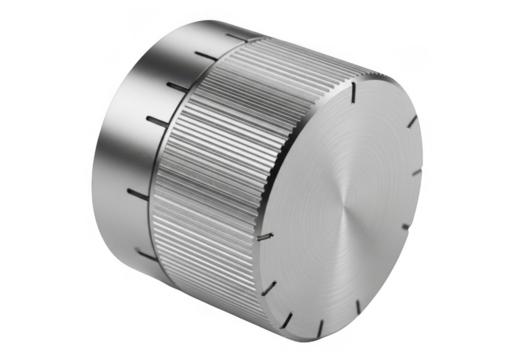 Metal rotary knob isolated on transparent background for audio equipment volume control and electronic device adjustment