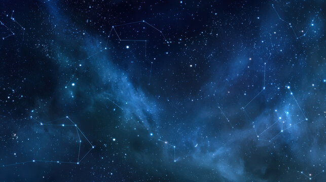 A starry night sky with constellations and distant galaxies