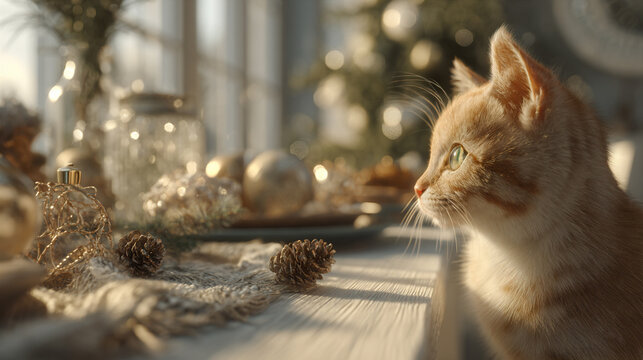 Ginger cat watches holiday decorations while sunlight streams through the window