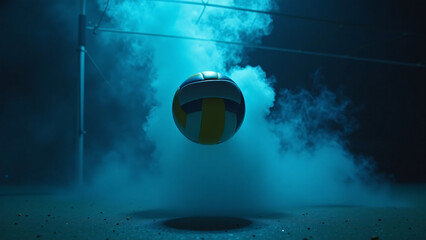Golden volleyball hovers in blue smoke—dramatic lighting and net backdrop evoke intensity, motion, and the theatrical spirit of competition.
