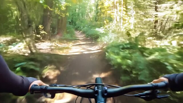 A dynamic point-of-view shot from a mountain bike navigating a dense, sunlit forest trail. the image conveys speed, adventure, and the thrill of outdoor sports in a serene natural setting.