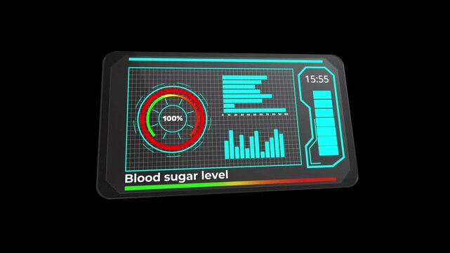 futuristic threedimensional visualization of blood glucose data and trends, advanced augmented reality medical screens illustrating blood sugar fluctuations with realtime alerts and trend analysis