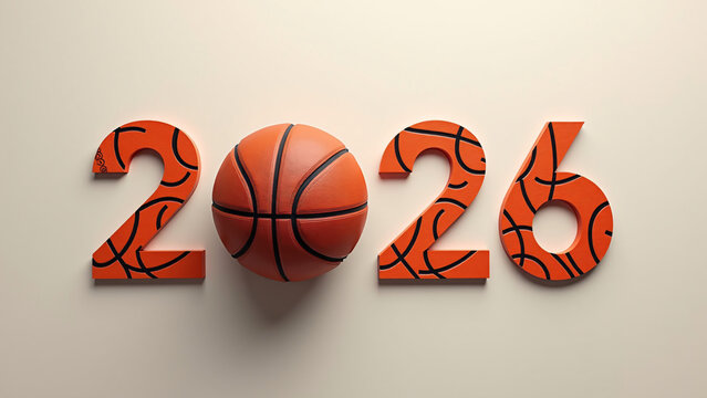 Basketball-textured “2026” with real ball as “0”—orange seams and matte digits pop against pale backdrop, blending sport, design, and milestone energy.
