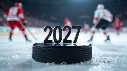 Fototapeta premium “2027” stands atop puck on icy rink—blurred players in motion evoke focus, anticipation, and the heartbeat of hockey’s future. 
