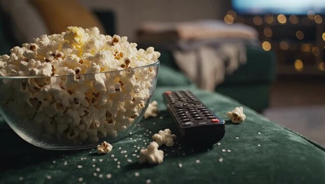Popcorn Bowl and Remote Control on Couch for Movie Night Home Entertainment