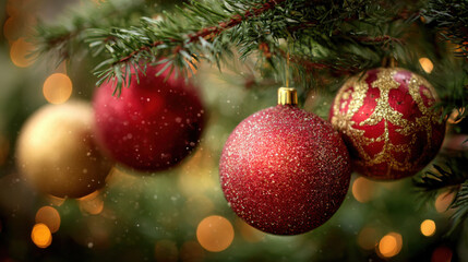 Red and Gold Christmas Baubles Hanging on a Pine Branch