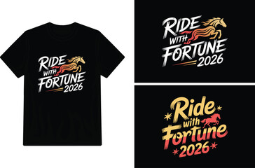 Black t shirt mockup displaying a horse themed ride with fortune graphic