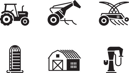 Agriculture farm machinery icons set tractor silo barn pump harvester cultivator vector silhouettes