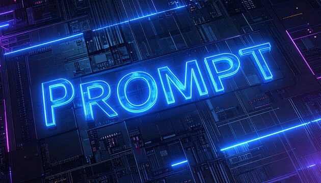Futuristic neon text “PROMPT” on digital circuit board background
