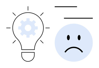 Innovation concept. Innovation with a lightbulb and gear symbol, contrasting with a sad face. Innovation process in problem-solving, emotional response, and creative decision-making. For education