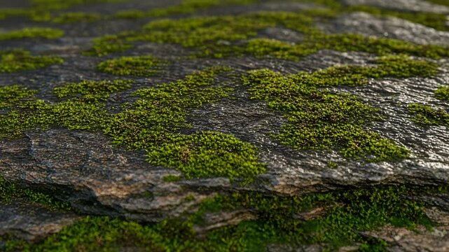Lush Green Moss Growing on Rough Gray Rock Surface in Natural Light Close Up View Optimized for Adobe Stock Photo