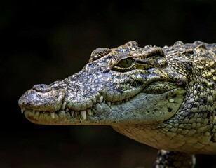 Fototapeta premium Close up on a reptile with bumpy skin and sharp teeth, against a dark background, side view