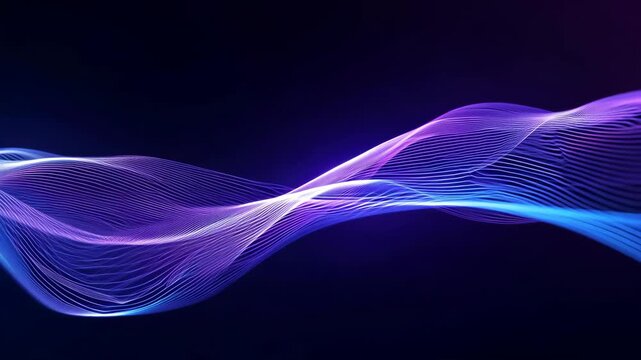 Vibrant purple and blue light trails create an abstract wave pattern on a dark background. the flowing lines suggest motion and energy, ideal for technology, futuristic, or digital design concepts.