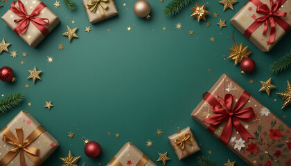 Overhead view of christmas gifts and ornaments arranged on a green background with copy space in center
