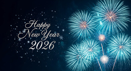 Festive image of fireworks exploding against a dark blue sky, "Happy New Year 2026" text, representing celebration, joy and the anticipation of new beginnings