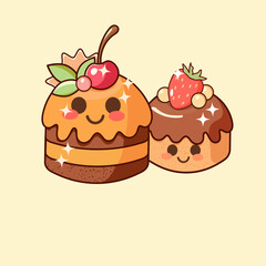Two Cute Cupcake Characters. Kawaii Dessert Mascots, Sweet Food Friends