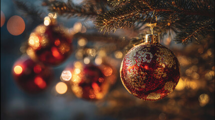 Close up view of red and gold Christmas baubles on pine branch