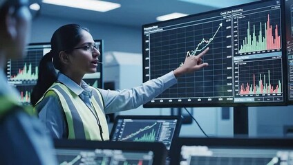 Engineer analyzes production graphs in an industrial control room with blurred screens and active data displays - Powered by Adobe