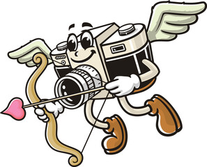 Camera mascot cartoon is being cupid