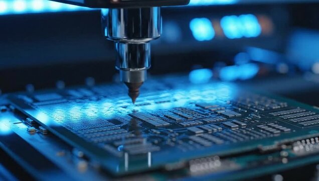 Macro shot showcases intricate details of computer chip manufacturing under blue tech lighting