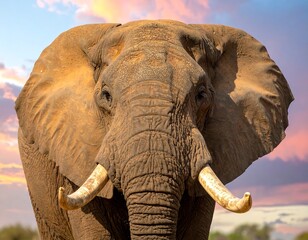 Close up portrait of an African elephant with long ivory tusks and a pink & blue cloudy sky backdrop