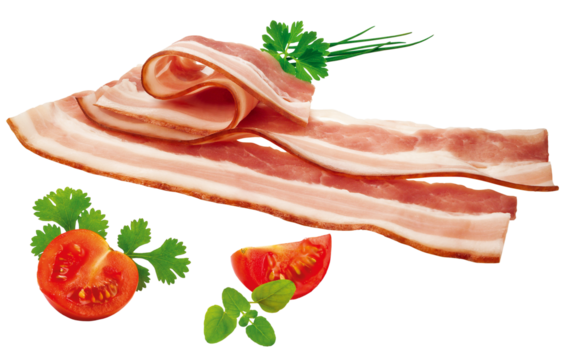 fatias de bacon defumado acompanhado de tomate cereja e ervas frescas isolado em fundo transparente