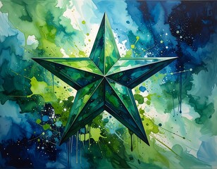 Emerald star Pointed, green crystal star on vibrant, blue & green watercolor background