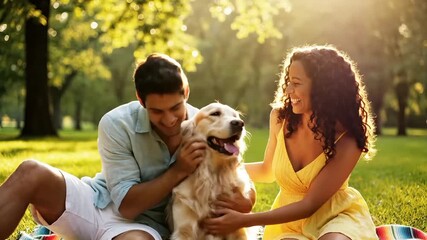 A latin couple enjoys a beautiful sunny afternoon in the park petting their adorable golden retriever during a picnic