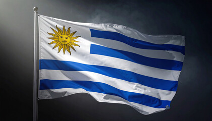 Close-up of Uruguayan flag waving against cloudy sky