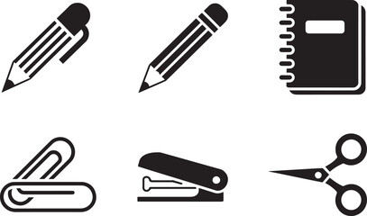 Collection of black icons representing essential stationery items and supplies for office work or school