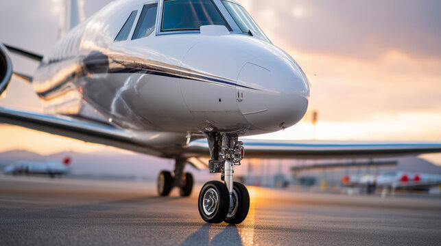 close frontal symmetrical shot on the rubber tyre of a luxurious private plane during landing. sunset lighting.