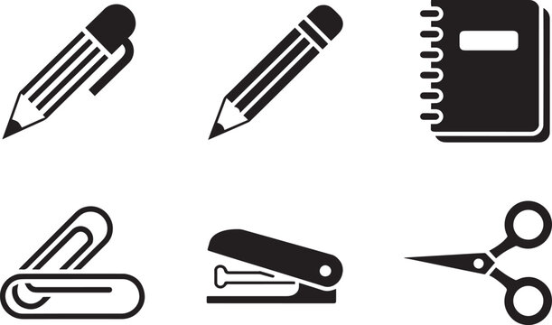 Collection of black icons representing essential stationery items and supplies for office work or school