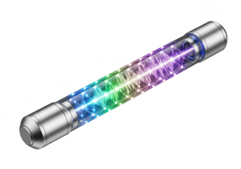 Abstract digital energy beam contained in a cylinder with connecting dots, isolated on transparent background for tech and science applications