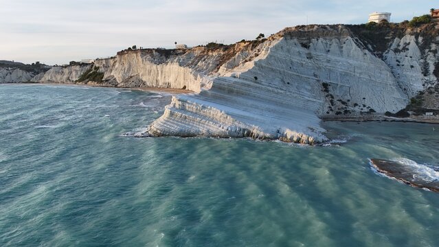 Amazing drone photography of the Turkish Steps, Scala dei Turchi, a rocky cliff on the coast of Realmonte, near Porto Empedocle, southern Sicily, Italy