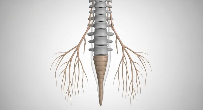 Human Spinal Cord Anatomy Illustration Featuring Vertebrae Nerve Roots and Cauda Equina Medical Visualization of Spinal Column Neurological System and Healthcare