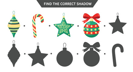 An educational 'find the correct shadow' matching game for kids with colorful Christmas ornaments like a candy cane and baubles.