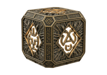 Mysterious antique cube with ancient symbols isolated on transparent background for fantasy games and film props