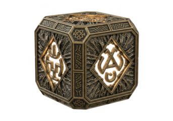 Mysterious antique cube with ancient symbols isolated on transparent background for fantasy games and film props