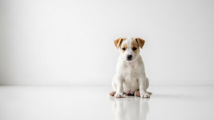 Small brown-white puppy sitting calmly on minimalist white floor, natural lighting, clean aesthetic perfect for modern ads and pet product marketing.
