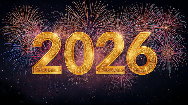 Golden glitter 2026 numbers illuminate the night sky with vibrant fireworks, perfect for New Year's Eve, celebrations, anniversaries, and future event promotions. Festive holiday greeting.