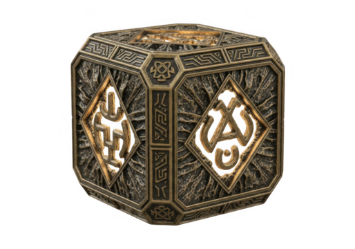 Mysterious antique cube with ancient symbols isolated on transparent background for fantasy games and film props