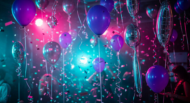 Several balloons and falling confetti, creating a festive and celebratory atmosphere, possibly for a party, event, or special occasion