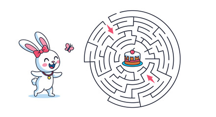 A fun and educational maze puzzle for children, where a cute happy bunny must find the correct path to a birthday cake.