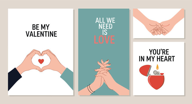A set of four modern Valentine's Day greeting cards with romantic phrases, holding hands, and a heart-shaped lighter icon. - Powered by Adobe