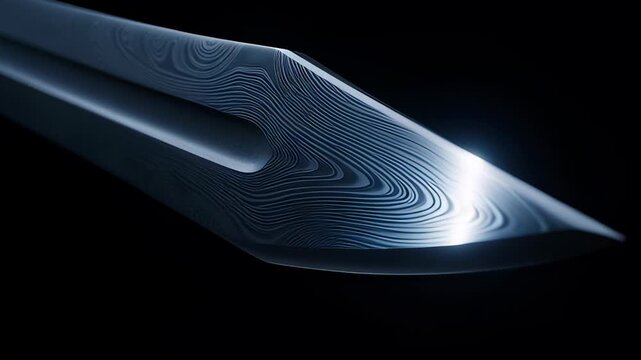 Sharp Damascus steel sword blade gleaming with a wavy texture and gold hilt in a dark cinematic 3D animation, representing fantasy warfare concepts