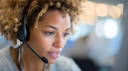 Customer service representative on a headset with a focused expression and copy space. Soft, warm lighting. Office environment background.