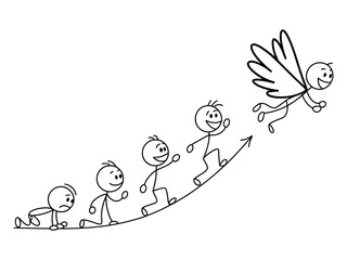 A stick figure's journey from crawling to flying symbolizes personal growth and achievement.