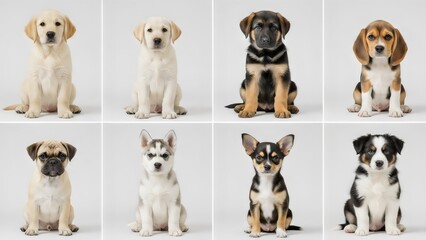 Four adorable puppies of different breeds sitting together in clean studio grid layout, balanced composition, perfect for marketing, posters, and pet-themed designs.
