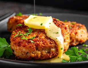 Close-up of round, golden patties topped with melting butter and parsley on a dark plate, sauce drizzling down