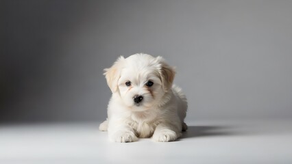 Tiny fluffy white puppy sitting indoors, soft shadows, innocent expression, premium portrait style, perfect for pet lovers and branding visuals.
